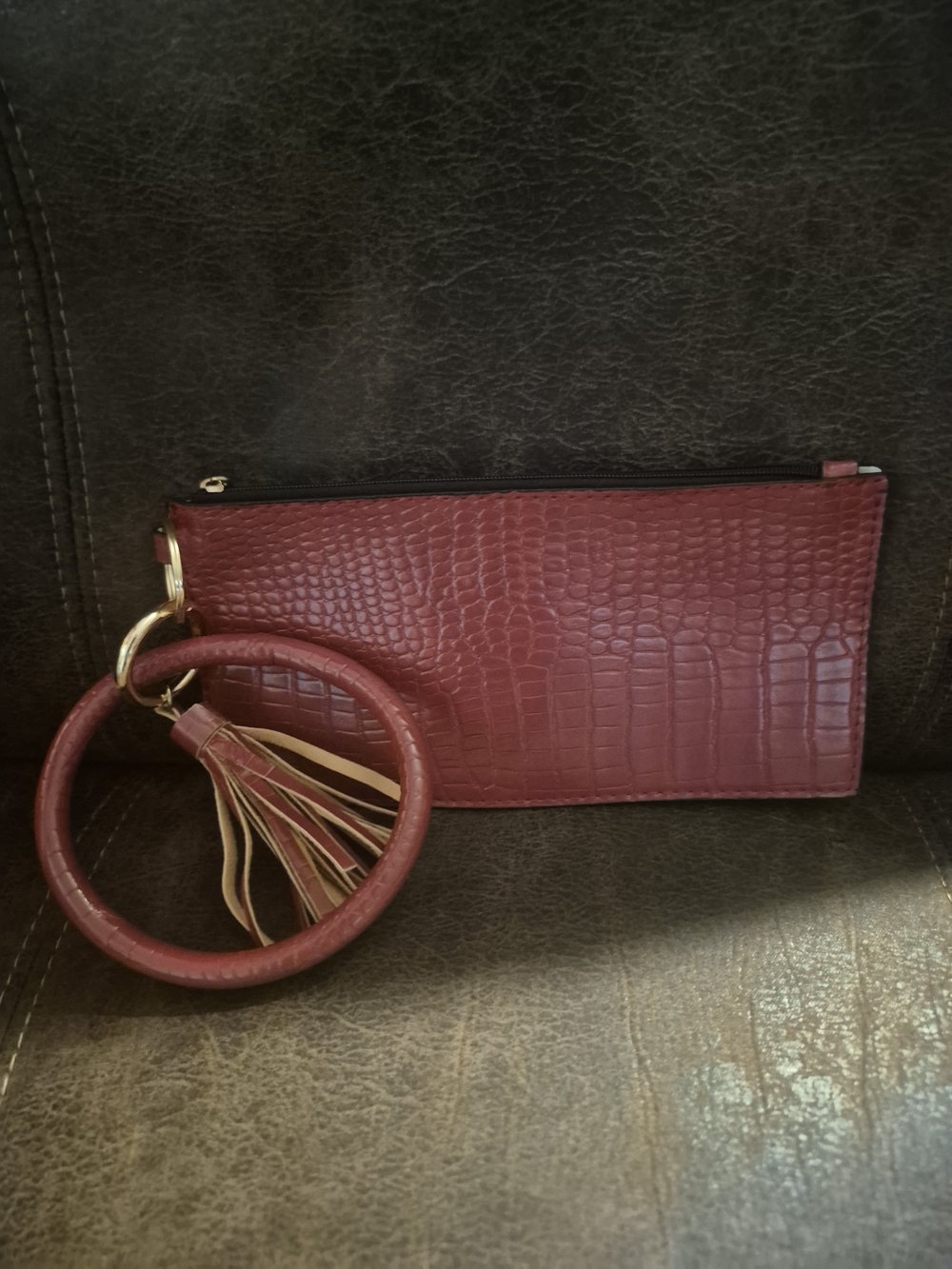 Croc-Embossed Wristlet Clutch in Burgundy with Tassel Ring